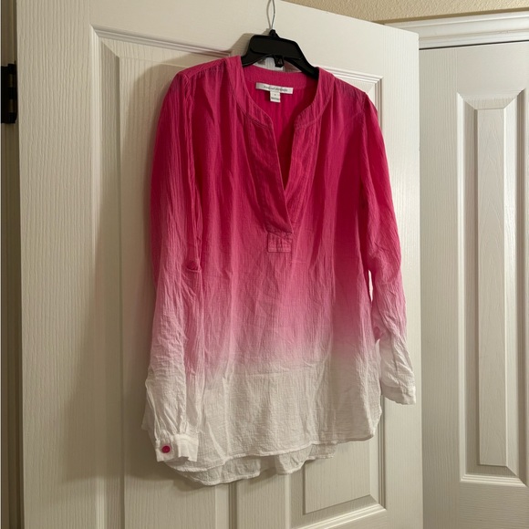 DIANE VON FURSTENBERG Esti Ombre Gauze Top in Beet with Roll Up Sleeves - Picture 3 of 9